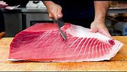 Cutting giant bluefin tuna to luxurious sashimi, teppanyaki tuna / 巨大黑鮪魚切割秀, 鐵板上腹肉 - Taiwanese food