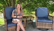 PHI VILLA Oversized Outdoor Swivel Rocker Chairs Set 3 Piece with 1 Table and 2 Rocking & Swivel Chairs Support 350lbs Navy Blue Wicker Outdoor Furniture Patio Conversation Set