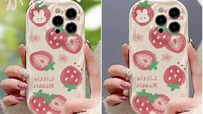 DrewCloth Strawberry Phone Case for iPhone 14 Plus Case - Curly Wave Shape-Wavy Edge Bumper Kawaii Phone Cases for Girls Young Women Girly,Pretty Little Rabbit&Flower Design,Cute Pink White,Adorable