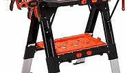 Pony Portable Folding Work Table, 2-in-1 as Sawhorse & Workbench, Load Capacity 1000 lbs-Sawhorse & 500 lbs-Workbench, 31” W×25” D×25”-32”H, with 4pcs Clamps, 4pcs Bench Dogs, 2pcs Safety Straps