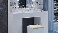Makeup Vanity Desk with Mirror and Lights, Vanity Table Set with 9 LED Bulbs & 3 Lighting Modes, White Vanity with 3 Drawers, Shelves & 2 Cabinets for Bedroom