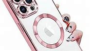 KANGHAR Square iPhone Case Designed for iPhone 15 Pro Max Magnetic Clear with Camera Lens Protector[Compatible with MagSafe] Luxury Cute Plating Design Full-Body Shockproof Protection Cover Pink