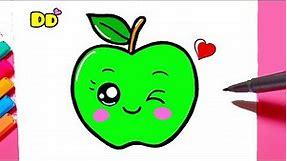 How to draw cute GREEN APPLE kawaii | Fruit drawing step by step ❤ Drawing to Draw