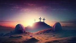 Three Crosses On Mountainside Rocky Hill Under Beautiful Sunrise Sky 4K Christian Worship Background
