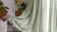 Sage Green Curtains for Living Room 84 Inches Long Boho Farmhouse Embroidery Striped Curtains 2 Pannels Linen Light Filtering Curtain, Bohemian Curtain Drapes, 55" W x 84" L