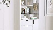 Stylish White Bookshelf, 71" Tall Bookshelf with Doors and 3 Drawers, Wood Bookshelf with 4-Tier Open Shelves, for Bedroom Living Room Entrance Hallway Home Office