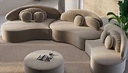 Modern Khaki 4 Pieces Curved Sectional Modular Sofa Velvet Upholstered with Ottoman | Homary