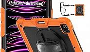 iPad Pro 12.9 inch Case 6th 2022 2021 5th Generation iPad Pro 12.9 Inch 2020 4th Gen with Screen Protector Pencil Holder Kids Shockproof Rugged Silicone Cover 360 Stand Hand Strap Orange