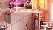 Bestier Pink Gaming Desk with Power Outlets, 44 Inch Led Gamer Desk with 4 Tiers Reversible Shelves, Pink Computer Desk with Headset Hook & Side Storage Bag for Bedroom (Pink 3D Carbon Fiber)
