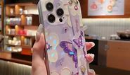 for iPhone 15 Pro Max Case Cute with Wrist Strap Kickstand Glitter Bling Cartoon IMD Silicone TPU Shockproof Protective Phone Cases Cover for Girls and Women - Purple Butterfly
