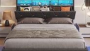 ADORNEVE Full Size Bed Frame with LED Lights and Storage Headboard, LED Bed Frame with Outlets and USB Ports, Upholstered Platform Bed with Hidden Storage, Easy Assembly, Dark Grey