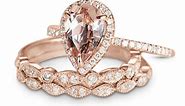 JeenMata 1.5 Carat Pear Cut created morganite and Moissanite Trio Wedding Ring Set in Rose Gold