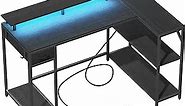 Gaming Desk, L Shaped Gaming Desk with Power Outlet & LED Light, 47inch Corner Gaming Desk with Hook & Monitor Stand, Reversible Computer Office Desk with Drawer and Storage Shelves