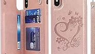 iCoverCase for iPhone X/iPhone Xs Case with Card Holder for Women, Wrist Strap [RFID Blocking] Embossed PU Leather Kickstand Wallet Case for iPhone 10/10S 5.8" (Heart Rose Gold)