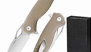 HANSHI Premium D2 Steel Blade G10 Handle Sharp Folding Pocket Knife with Clip for Men,Razor Tactical Knife Self Defense for Survival Hunting Camping Hiking Outdoor Gift,Foldable EDC Knife with Liner Lock for Women (khaki)