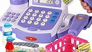 BUYGER Toy Cash Register for Kids with Real Calculator, Light and Sound Scanner, Microphone, Pretend Play Shopping Food Toys - Cashier Playset Gifts for Ages 3 4 5