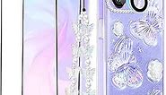 Goocrux (4in1 Case for Apple iPhone 11 3D Butterfly Clear with Design Aesthetic for Women Teen Girls Glitter Pretty Crystal Sparkle Sparkly Cute Girly Phone Cases+Chain+Camera Cover+Screen Protector