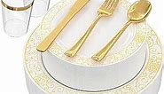 Plastic Plates, 150 Pieces Disposable Plates Plastic Dinnerware Set for 25 Guests: 25 Dinner Plates, 25 Dessert Plates, 25 Forks, 25 Spoons, 25 Knives, 25 Cups, Gold Party Plates