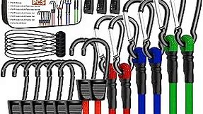 ZEXON 30 Pcs Premium Bungee Cords with Hooks Heavy Duty Outdoor Assorted Sizes 10", 18", 24", 36", 48" Bungee Cords with Carabiner and Plastic Coated Hooks, Tarp Clips, Ball Bungees & Storage Bag