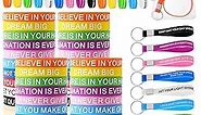 90 Pcs Motivational Wristband Set for Student 30 Colored Inspirational Quote Silicone Bracelets Stretch Rubber Band 30 Keychains 30 Organza Bags Graduation Party Gift for Women Men Kid Teen