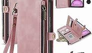 Defencase for iPhone 11 Case, for iPhone 11 Wallet Case for Women Men, Durable PU Leather Magnetic Flip Strap Wristlet Zipper Card Holder Wallet Phone Cases for iPhone 11 6.1-inch, Rose Pink