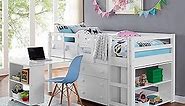 Naomi Home Twin Size Loft Bed with Desk, Storage Cabinet, Ladder, Low Study Pine Wood Loft Bed for Kids, with Safety Guard Rails and Bookcase Shelf, White