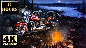 Harley Davidson Motorcycle Fire Moon Water Wallpaper Screensaver Background 4K 8 HOURS With Music
