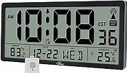 WallarGe Atomic Clock with Indoor Outdoor Temeperature - Easy to Read - Self Setting, 14.5'' Jumbo Auto Set Digital Wall Clock Battery Operated