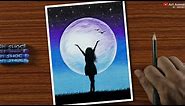 Easy Oil Pastel Drawing for Beginners - A Girl in Moonlight - Step by Step