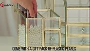Makeup Organizer for Vanity, Cosmetic Storage Organizer with Brush Holder, Stackable tempered glass Cosmetic Display Cases with a bag of pearls.