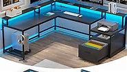 SEDETA L Shaped Gaming Desk, 66" Home Office Desk with File Drawer & Power Outlet, Corner Gaming Computer Desk with Led Lights, Monitor Shelf and Printer Storage Shelves, Two Person Desk, Black