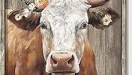 Cattle Framed Wall Art Decor: Country Wooden Farm Cow Animal Painting Rustic Farmhouse Picture Brown Calf with Wildflowers Artwork for House Guestroom 12" x 12"