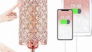 Hong-in Crystal Table Lamp, Rose Gold Lamp with USB C+A Ports, 3 Way Dimmable Touch Lamp with Crystal Shade, Bedside Nightstand Small Lamp for Living Room Bedroom Home Office (Bulb Included)