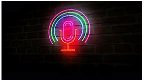 Microphone icon music podcast symbol neon on brick wall 3d