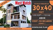 30x40 Feet Modern House Design 3D: 4 Bedrooms, 4 Bathrooms, 3 Floors, Terrace Garden - 1200 Sqft