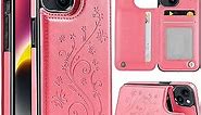 Korecase Compatible with iPhone 15 Wallet Case with Card Holder, Classic Butterfly Leather Kickstand Purse Cover, Double Magnetic Buckles Shockproof Slim Flip Phone Case for Women 2023 -Pink