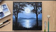 Moonlight Scenery Painting Tutorial | Acrylic Painting For Beginners Step by Step | Moon Painting