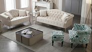 Modern 2 Pieces Living Room Furniture Sets include Loveseat Sofa and 3 Seaters Couch ,Velvet Upholstered Button Tufted Sofa & Couch with Pillows Roll Arm and High Metal Legs for Home Office Apartment