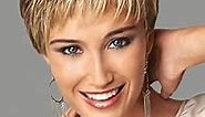 SEVENCOLORS Short Dark Brown Mixed Blonde Highlight Pixie Cut Wigs with Bangs Synthetic Layered Wigs for Women Natural Hair Replacement Wigs