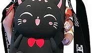 SGVAHY Wallet Case for iPhone 7 Plus/8 Plus Case with Crossbody Lanyard Cat Cute Phone Case 3D Cartoon Kawaii iPhone Case for Womens Girls Soft Silicone Shockproof Cover Protective Case Black