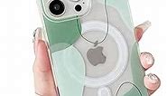 Compatible with iPhone 13/iPhone 14 Case,[Compatible with MagSafe] Cute Clear Art Wavy Shaped Painted with Shockproof PC Soft TPU Protective Cases for Women/Men. (Green,iPhone 13/iPhone 14)
