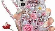 for Samsung Galaxy S24 Ultra Glitter Bling Case, Cute Luxury 3D Sparkle Crystal Rhinestone Flowers Diamond Pearl with Lanyard Wrist Strap Women Girls Case for Galaxy S24 Ultra 6.8 Inch (Pink)