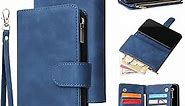 QLTYPRI Wallet Case for iPhone XR, Premium Vintage PU Leather Zipper Pocket with Card Holder Slots Magnetic Closure Kickstand Wrist Strap Shockproof Flip Folio Case for iPhone XR(5.8 inch) - Blue