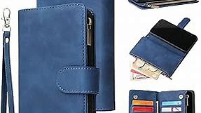 QLTYPRI Wallet Case for iPhone XR, Premium Vintage PU Leather Zipper Pocket with Card Holder Slots Magnetic Closure Kickstand Wrist Strap Shockproof Flip Folio Case for iPhone XR(5.8 inch) - Blue