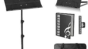 K KASONIC - Dual-Use Folding Sheet Music Stand & Desktop Book Stand with Portable Carrying Bag, Sheet Music Folder & Clip Holder (Black)