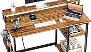 GreenForest Computer Desk with USB Charging Port and Power Outlet, Reversible Home Office Desk with Monitor Stand and Storage Shelves, 40 inch Work Desk with Cup Holder and Hook, Walnut