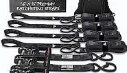 Ratchet Straps Tie Down Kit Incl. (4) Heavy Duty Rachet Tiedowns (1.6" x 15') with Coated S Hooks + (4) Soft Loop Tie-Downs (17") - 5,208 Total Break Strength by Straight Jacket Crew (Black Camo)