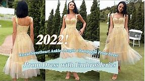 ZAPAKA Cute Floral Sweetheart Ankle-Length Champagne Prom Dress with Embroideries