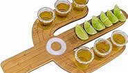 WONDERMAR Cactus Tequila Tray & Shot Glasses Set - Tequila Gifts & Mexican Gifts - Bamboo Shot Glass Holder Serving Tray - Flight Board with Lemon Bowl, Salt Rimmer & Shot Glass Set - Party Shot Board