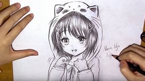 How to Draw a Manga Girl with Cat Hoodie (real-time)